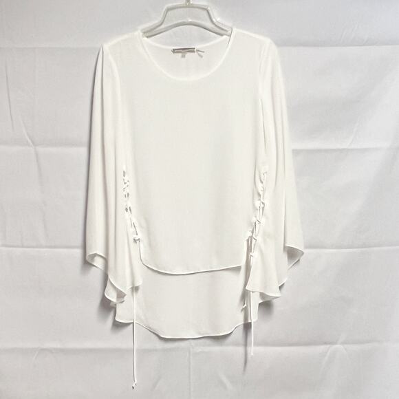 Liquid by Sione White Womens Top Small Lace Up Relaxed Flowy Flared Sleeves Chic - Picture 1 of 10